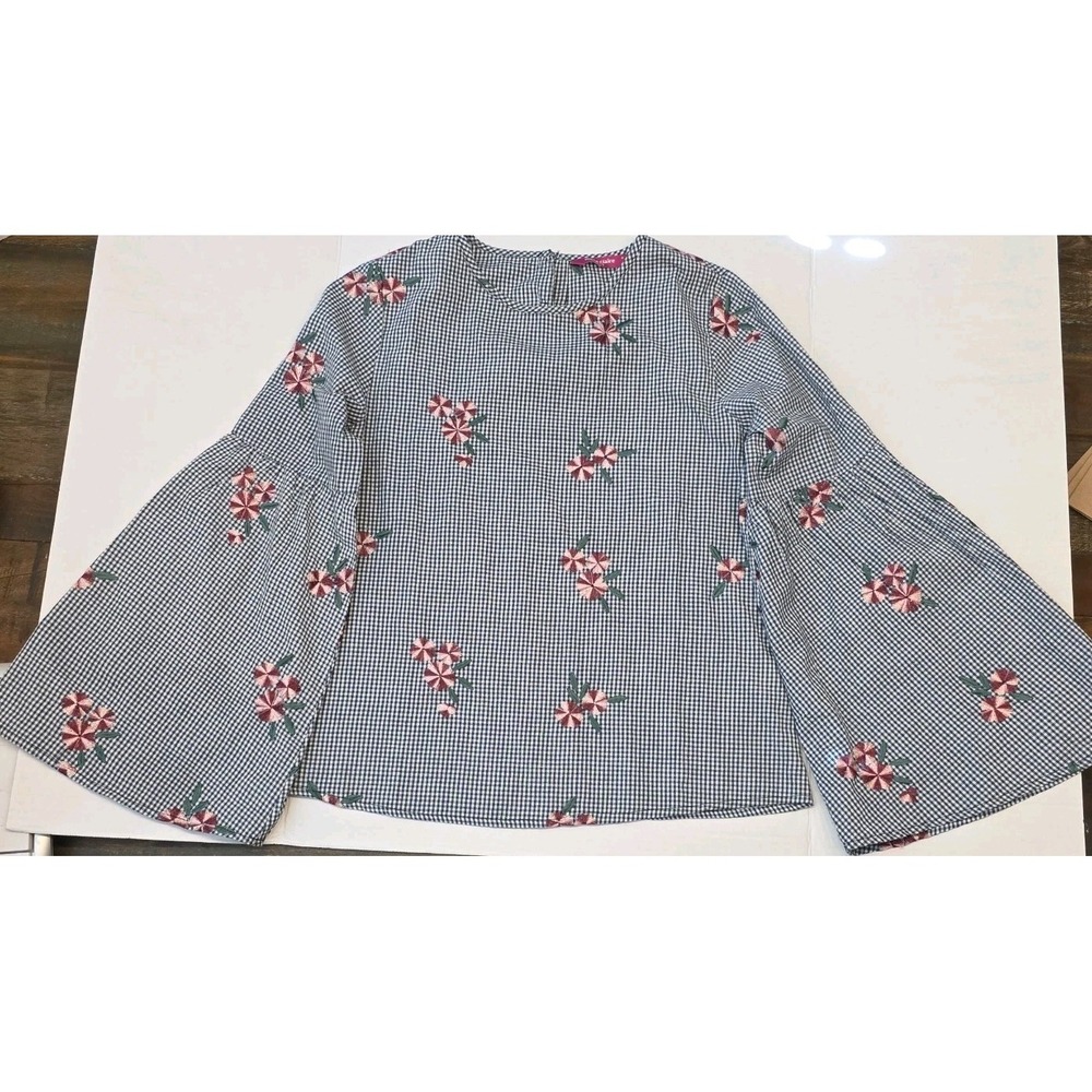 Marie Claire Paris Womens Top Embroidered Floral Blue White Checker Size Small